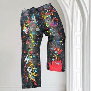 Men's Makobi Big & Tall Faded Black Hand Painted Denim Pants NWT